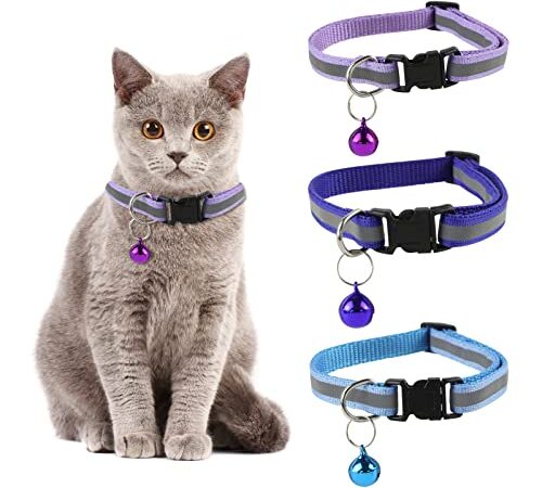 Collier Chat, 3 Pcs Colliers Chat Réfléchissant, Réglable Réfléchissant Collier, Collier Chaton, Collier pour Chat, Cat Collar, Kitten Collar, Collier Clochette, Collier pour Chaton Réfléchissant