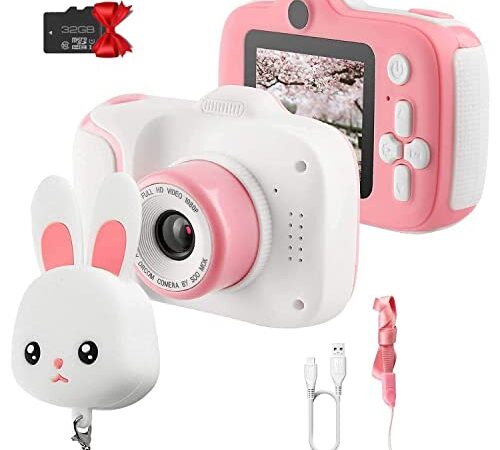 Etpark Appareil Photo Enfants, Mini Numérique Caméra pour Enfant Caméras Avant et arrière vidéo Caméra Selfie Enfant 12 Mpixels Caméra 2 Pouces HD 1080P Carte SD 32G pour Filles 3-10 Ans