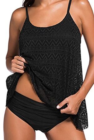 EUDOLAH Femme Eté Tankini Maillot de Bain Bikini Set 2 Pièces Shorty avec Gilet Gaze sans Manches 2 Couleurs Taille Grande (Large,0-Noir)