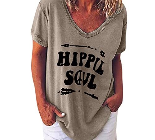 Femme Tee Shirt Hippie Soul Lettre T-Shirt Imprimé Grande Taille Décontracté Manches Courtes Col V Couleur Unie Chemisier Basique