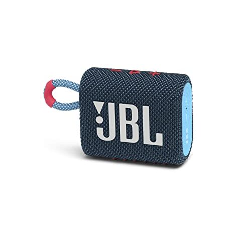 JBL GO 3 – Enceinte Bluetooth portable et légère, aux basses intenses et au style audacieux – Étanche à l’eau et à la poussière – Autonomie 5 hrs – Bleu / Rose