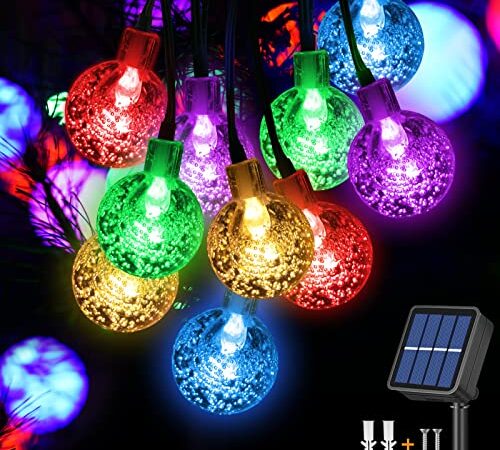 Jsdoin Guirlande lumineuse solaire à 50 LED étanche, 8 modes d’éclairage pour intérieur/extérieur, 10 m/32.8 ft pour jardin, Terrasse, Sapin Noël, Mariage, Fête ​(multicolore)