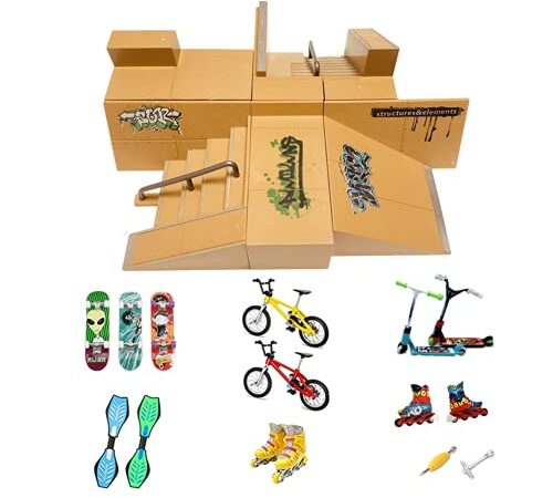 Kidsdream Pièces de Rampe de kit de Parc de Skate pour Doigt Skateboard Accessoires d'entraînement avec 19 pièces de Planches à roulettes, Rampes, Patins, Trottinettes,vélos