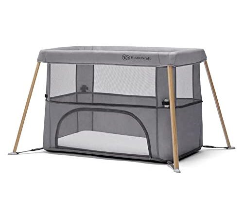 Kinderkraft MOVI Lit parapluie 2 en 1, Lit bébé avec matelas, de la Naissance jusqu’à 15 kg, Fonction de Parc, Facile à Plier, Sac de Transport inclus, 2 Niveaux de Matelas, Gris Bois