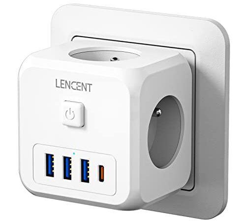LENCENT Prise USB Secteur Multiple Murale Cube, 7 en 1 Chargeur USB Multiprises avec 3 Sortie AC, 4000W et 1 Type C et 3 Ports USB, Electrique Idéal pour Salon Bureau Chambre