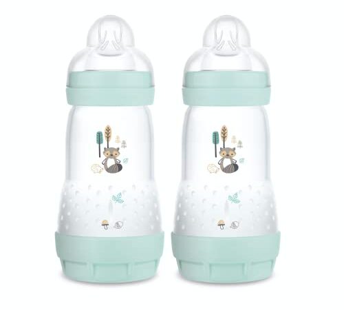 MAM Lot de 2 biberons Easy Start Anti-Colique (260 ml), biberon bébé idéal pour l'allaitement mixte, tétine débit 2, base aérée anti-colique, Aqua