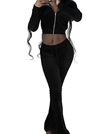 Minetom Femmes Velours Ensemble Survêtement Manche Longue Blouson Sweat-Shirt Revers Veste Jogging Pantalon Sports Suits 2pcs Noir L