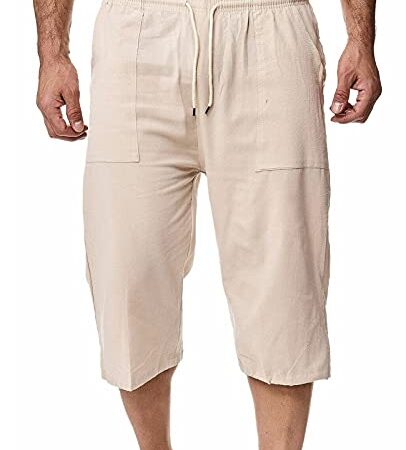 Minetom Homme Été Pantalon en Lin Lâche Capri Shorts Bermudas 3/4 Pantacourt Baggy Cargo Pants Large Cordon de Serrage A Kaki L