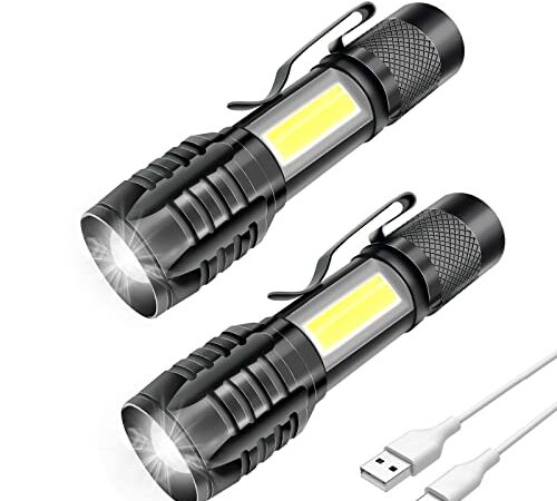 MULIN Lot de 2 lampes de poche LED rechargeables, puissantes professionnelles, 3 modes zoomables, COB petite poche à LED avec aimant, IP5 étanche pour camping militaire, randonnée, 1000 mAh, 2 PZ