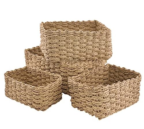 Panier Osier Rangement Salle de Bain Corbeille Enfant Jaune en Papier Bio Écologique Lot de 4 pour Jouets, CD, Cosmétique,langes coton bébé,Câble de charge,Décor Maison