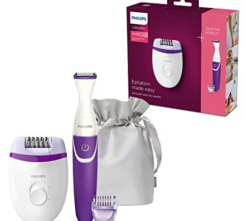 Philips BRP505/00 Coffret d'épilation Corps et Maillot 4 accessoires, avec Epilateur électrique Satinelle Essential, Tondeuse Bikini, Sabot 3mm et Pochette de luxe