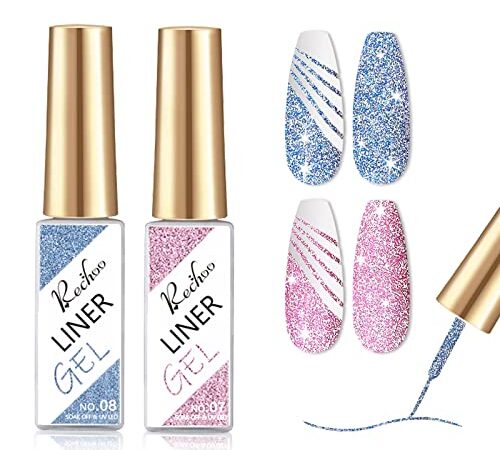 Rechoo 2pcs Gel Liner Nail Art Holographique Pailleté, 8ml Rose & Bleu Reflective Glitter Vernis Semi Permanent, Gel de couleur, UV Vernis à Ongles Soak Off Gel Pour la Peinture au Trait