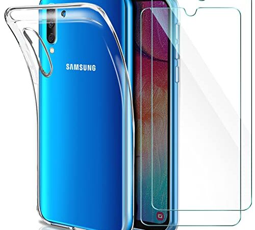 Younme Coque pour Samsung Galaxy A30s/ A50 Silicone Transparente, [Lot de 2] Verre trempé écran Protecteur + Souple TPU Slicone Étui Protection Housse pour Samsung Galaxy A50/A30s