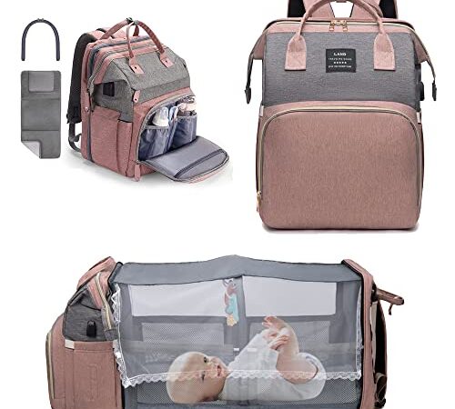 YUDOXN Sac à Dos à Langer avec,Grande Sac à Couches avec Matelas à Langer,sac à dos pour lit bébé,sac de voyage avec Lit Pliable et Pare-Soleil (rosa)