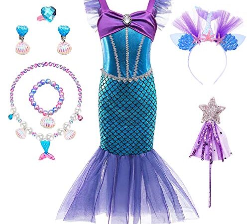 YYDSXK Robe Princesse Fille, Déguisement Ariel la Petite Sirène avec Accessoires de Sirène, Robe de Princesse Bébé, Déguisement Sirène Costume Sirene pour Anniversaire Cosplay Fête de Mariage (130)