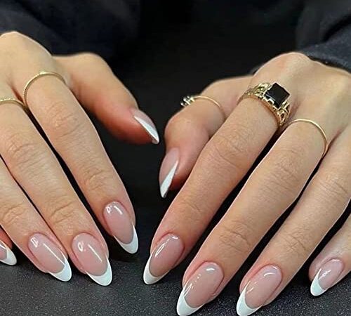 24 Pièces Amande Faux Ongles Court, Nude Blanc French Ongles à Presser avec Dessin, Naturel Ovale Acrylique Bâton sur les Ongles pour Filles Femmes DIY Nail Art