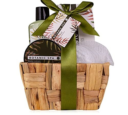 accentra Coffret cadeau OLIVE SPA dans un panier en jonc de mer - Ensemble de bain et douche - 5 pièces dans un panier décoratif en jonc de mer, cadeau d'anniversaire, kit bien-être pour les femmes