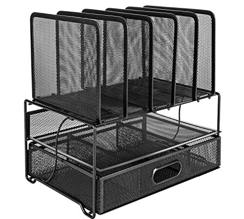 Amazon Basics Module de rangement - trieur de bureau grillagé, avec tiroir coulissant, deux plateaux et 5 divisions verticales, noir
