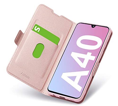 Aunote Samsung A40 Coque, Samsung A40 Housse, Coque Galaxy A40 Rabat/Clapet en Cuir PU Portefeuille Livre, Samsung A40 Etui, Protection Flip/Folio Phone Cover Case, Porte Carte, Magnétique. Or Rose