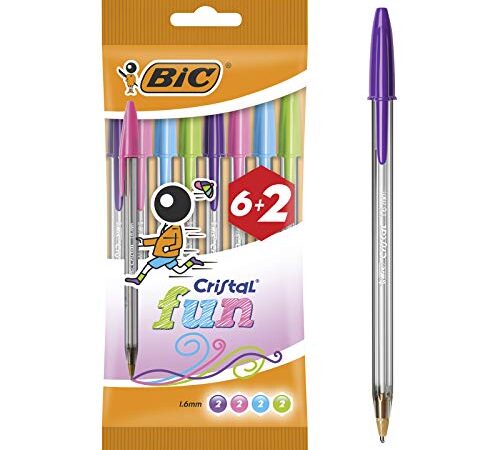 BIC Cristal Fun Stylos-Bille Pointe Large (1,6 mm) - Couleurs Assorties, Pochette Format Spécial de 8