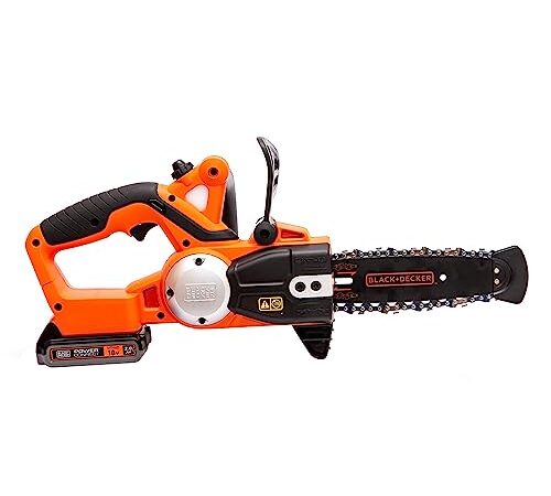 BLACK+DECKER Tronçonneuse Sans Fil 18V, Tronçonneuse Electrique 20 cm avec Batterie 18V 2 Ah, Diamètre de Coupe 16 cm, Vitesse 3,1 m/s et Réservoir de 25 ml, Légère et Sécurisante, GKC1820L20-QW