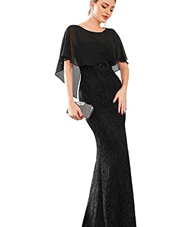 Ever-Pretty Robe de Soirée Sirène Longue Femme pour Mariage en Dentelle Manche Cape Mousseline Mère de Mariée Élégante Noir 40