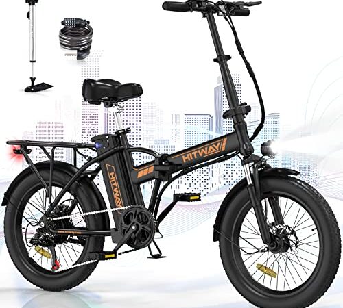 HITWAY Vélo Électrique,20'' x3.0 VTT Fat Bike Electrique Pliable,Batterie Moteur 250W, 36V/11,2Ah,Shimano 7 Vitesses,E Bike Ville Portée 35-90km BK11 Noir/Orange