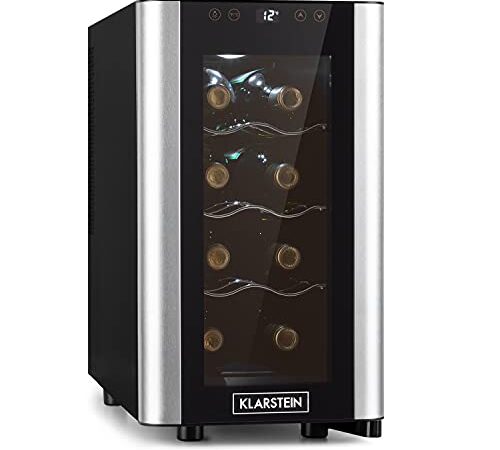 KLARSTEIN Reserva Slim Uno - cave à vin, 23 litres / 8 bouteilles, Température 11-18 °C, silencieuse : 26 dB, 3 clayettes métalliques, éclairage LED, protection anti UV - noir