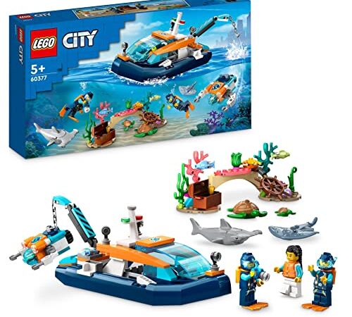 LEGO 60377 City Le Bateau d’Exploration sous-Marine, Jouet avec Mini sous-Marin, Requin, Crabe, Tortue, Raie et Figurines Animaux Marins, Set de Plongée sous-Marine, Enfants Dès 5 Ans