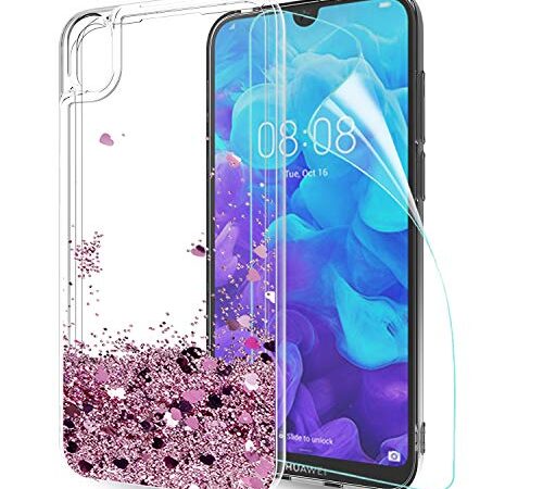 LeYi Coque Huawei Y5 2019 avec Film de Protection écran, Fille Personnalisé Liquide Paillette Transparente 3D Silicone Gel Antichoc Kawaii Protection Etui Housse pour Huawei Y5 2019/Honor 8s Or Rose