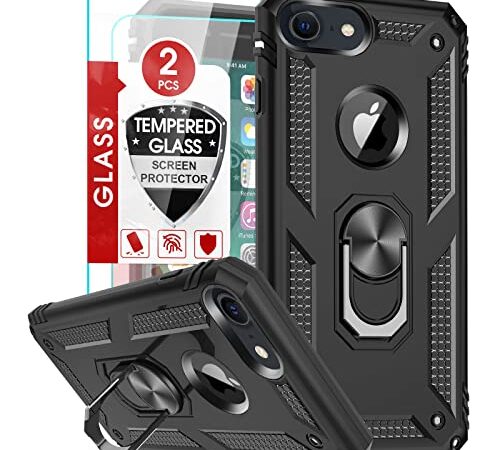 LeYi Coque pour iPhone 8/7/6/6s/SE 2022/2020 avec 2 Verre Trempé, Anneau Support Militaire Anti-Chute Renforcée Bumper Antichoc TPU Souple et PC Rigide Protection Etui Noir