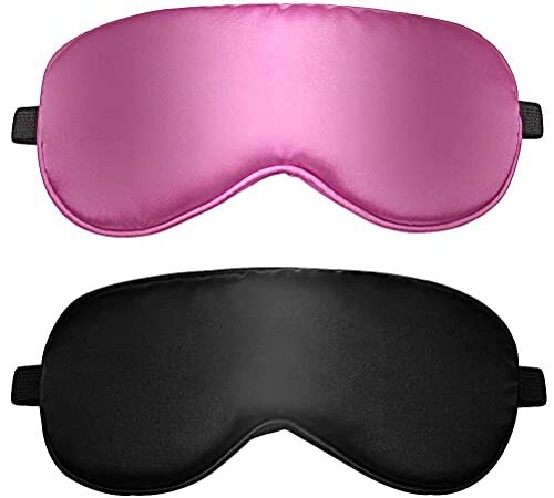 Lot de 2 Masque de Nuit, Masque de Sommeil en Soie Ultra-Douce Masque des Yeux Cache Yeux pour Dormir Anti-lumière avec Sangle Élastique Réglable(Noir, Rose)