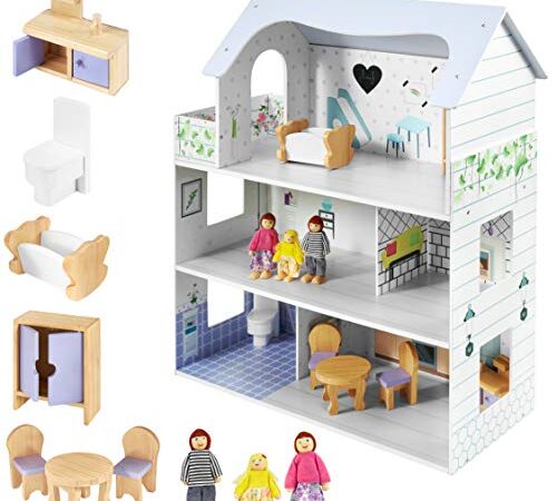 Mamabrum Maison de Poupées en Bois pour Enfants 61 x 30 x 70 cm - Accessoires 3 Étages, 5 Pièces, 3 Poupées, lit, Table, chaises, Armoire, Coiffeuse, Toilette. Certifiée CE et en (Multicolore)