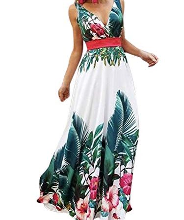 Minetom Mode Robe Longue Femme Manches Courte Été Boho Bretelles Imprimé Deep V Robe De Plage Robe De Soleil Maxi Casual Robe de Soirée Chic Rétro Robe de Cocktail A Vert XL