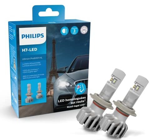 Philips Ultinon Pro6001 H7-LED, Première Ampoule LED pour éclairage avant Automobile Homologuée sur Voie Publique en France, jusqu'à 230% de Luminosité en plus, Set de 2