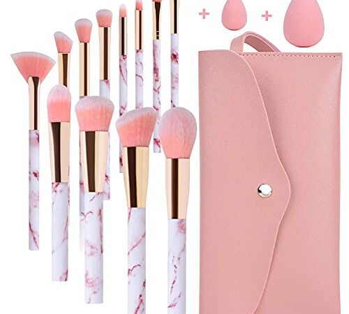 Pinceuax Maquillage Start Makers Lot de 12 pinceaux maquillages professionnel Marbre Rose avec correcteur de fond de teint Pinceau pour fard à joues Fard à paupières Pinceaux et trousse de maquillage