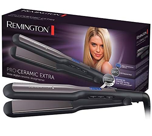 Remington Lisseur Cheveux [Plaques Larges 45mm] Pro-Ceramic Extra (Spécial cheveux épais, frisés, bouclés et longs | Céramique, Ecran LCD, 150-230°C, pochette) Fer à lisser S5525