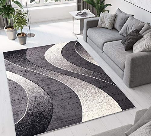 TAPISO Dream Tapis de Salon Chambre Salle à Manger Adulte Bureau Design Moderne Noir Gris Crème Abstrait Motif Ondes Vagues Poil Court Fin Doux Léger Résistant 200 x 300 cm