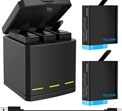 TELESIN Chargeur de Batterie Triple Set Chargeur + Batteries avec câble USB Type-C Kit d'accessoires pour GoPro Hero 8 /Hero 7/6/5 (Kit de Batterie de Chargeur 3 en 1)