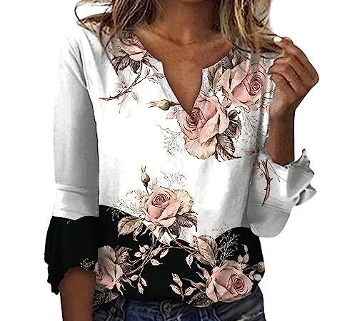 TIMEMEAN Blouse Rose Tunique Ete Tops en Dentelle Chemise Ete Blouse Femme Annee Hauts à Manches 3/4 pour Femmes Chemise Camouflage Femme Top Ajouré Femme Top Femme à Manches 3/4 Et Col Ras du Cou