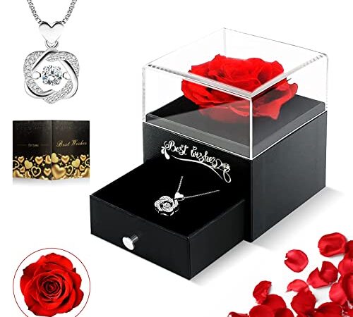 Tokmali Rose Eternelle,Coffret Cadeau Rose Eternelle,Boîte à Bijoux Rose Éternelle avec Collier Idée Cadeau Femme,Maman,Saint Valentin,Anniversaire,Fête des Mères Cadeau Saint Valentin Femme