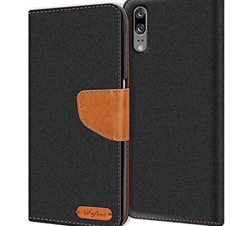 Verco Coque pour P20, Étui Portefeuille Compatible avec Huawei P20 Case Textures de Fibre Housse de Protection, Noir