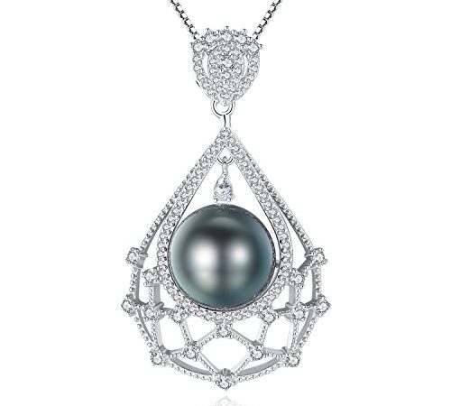 VIKI LYNN Perle de Tahiti Collier avec Pendentif Femme de Perle Noire de 10-11mm et Argent Fin 925 Les Plus Beaux Bijoux Fantaisies Cadeau Noel Femme