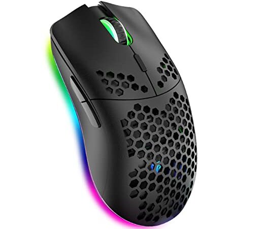 XZXWZX Souris de Jeu sans Fil, Coque en nid d'abeille avec 11 rétroéclairage Chroma RVB, 3 400 DPI, 6 Boutons programmés, récepteur USB, économie d'énergie, Souris sans Fil pour PC, Noir