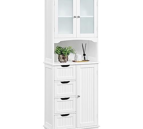 Yaheetech Armoire Salle de Bain Rangement Haute, Colonne Rangement, avec 4 Tiroirs, Placard avec 2 Porte en Verre Trempé, Étagère Réglable, Buffet Cuisine en Bois Blanc, 60 × 30 × 165,5 cm