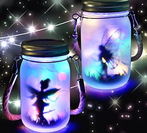 2 Pièces Lanternes Solaire Exterieur, Lanternes de Fée, fée de papillon dans un bocal Mason, IP65 Étanche Extérieur Mason Jar Solaire Lampe pour Patio Pelouse Fête Les lumières Jardin Décoration(B)