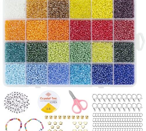 24000 Perles de Rocaille en Verre 2mm pour Bracelet, 100 Perles en Forme de Lettre de L'alphabet avec Cordon Élastique et Ciseaux Perle pour Fabriquer de Bijoux Collier Artisanat, Couleur Inaltérable