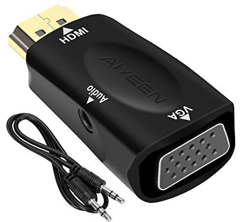 Adaptateur HDMI vers VGA, Adaptateur HDMI mâle vers VGA Femelle 1080p avec Câble Jack Audio 3.5mm Compatible avec Moniteur, Portable, Ordinateur, Projecteur, HDTV, Chromebook et Plus (Noir)