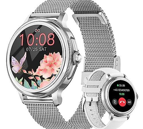 AKUMAKA Montre Connectée Femme avec Appel Bluetooth 5.2, Lucky 1.2" Écran Tactile Smartwatch, 120 Sports, Santé Féminine, Sommeil Fréquence Cardiaque SpO2 Calorie Étanche pour iOS Android, Argent