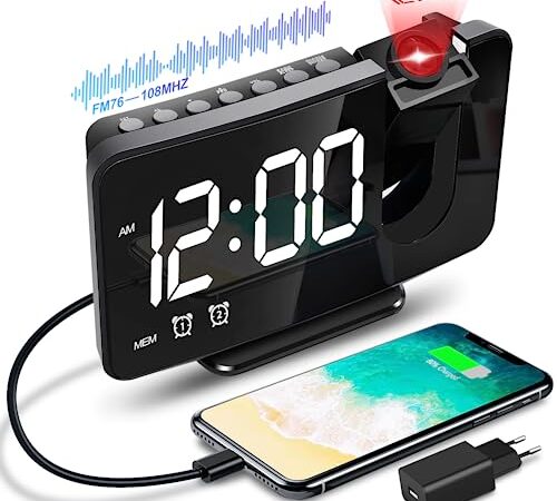 Anykuu Radio Réveil Horloge Digitale 4 Niveaux de Luminosité, 180° avec Fonction Radio FM, 12/24h LED Reveil Numerique avec Port de Chargement USB, Reveil Projecteur Plafond Fonction Snooze